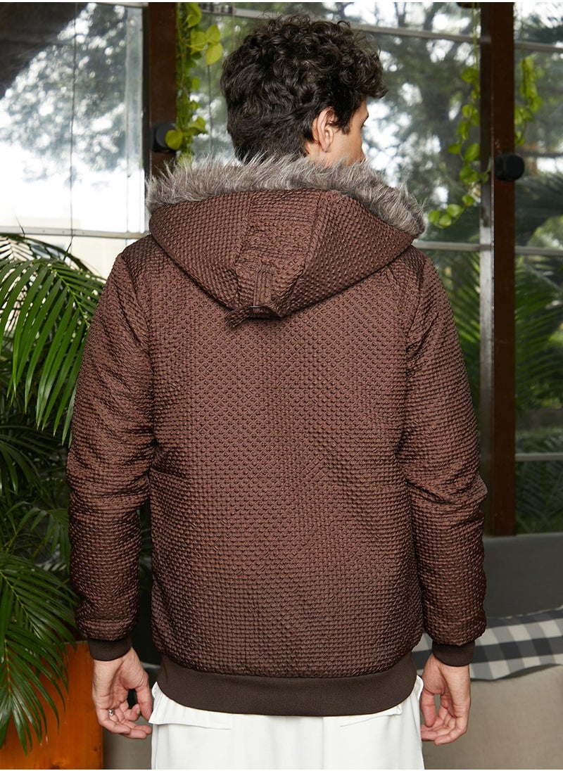 Men's Chocolate Brown Self-Design Diamond Puffer Jacket With Fleece Hood