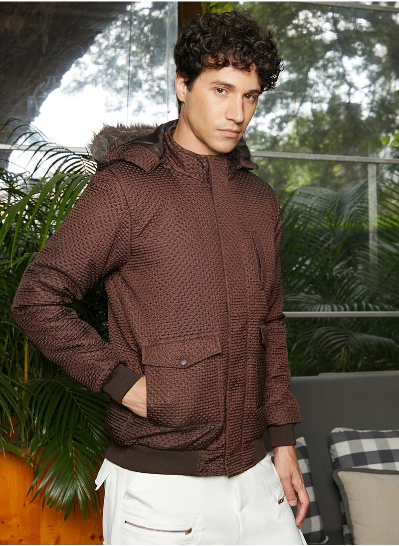 Men's Chocolate Brown Self-Design Diamond Puffer Jacket With Fleece Hood