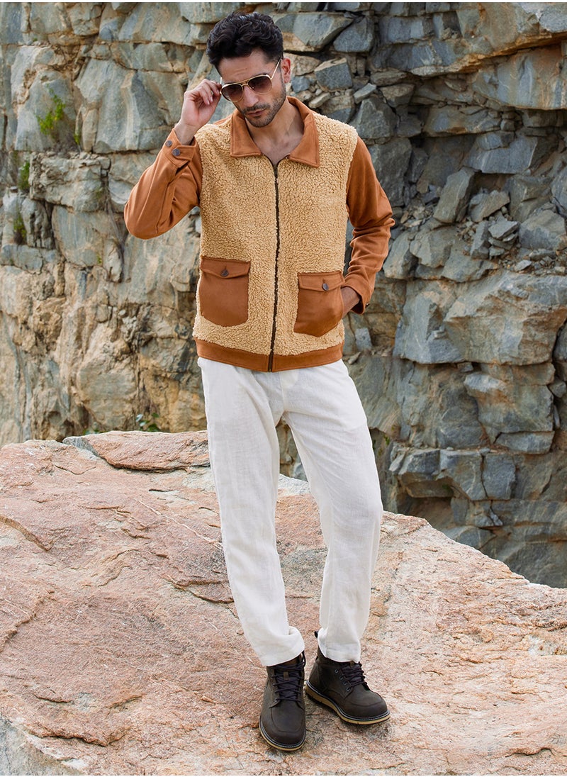 Men's Tan Brown Contrast Sherpa Jacket