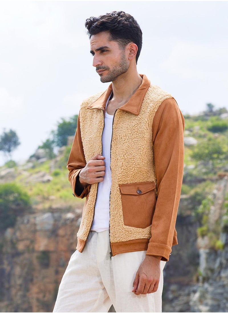 Men's Tan Brown Contrast Sherpa Jacket
