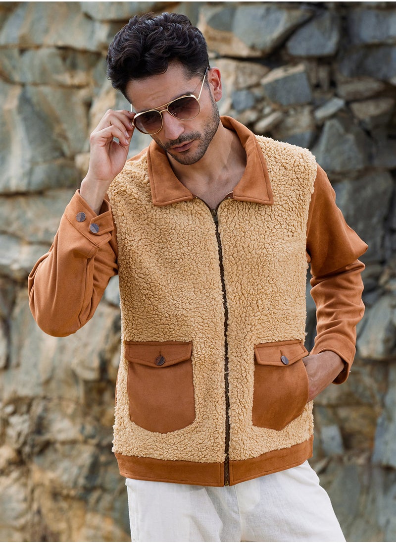 Men's Tan Brown Contrast Sherpa Jacket