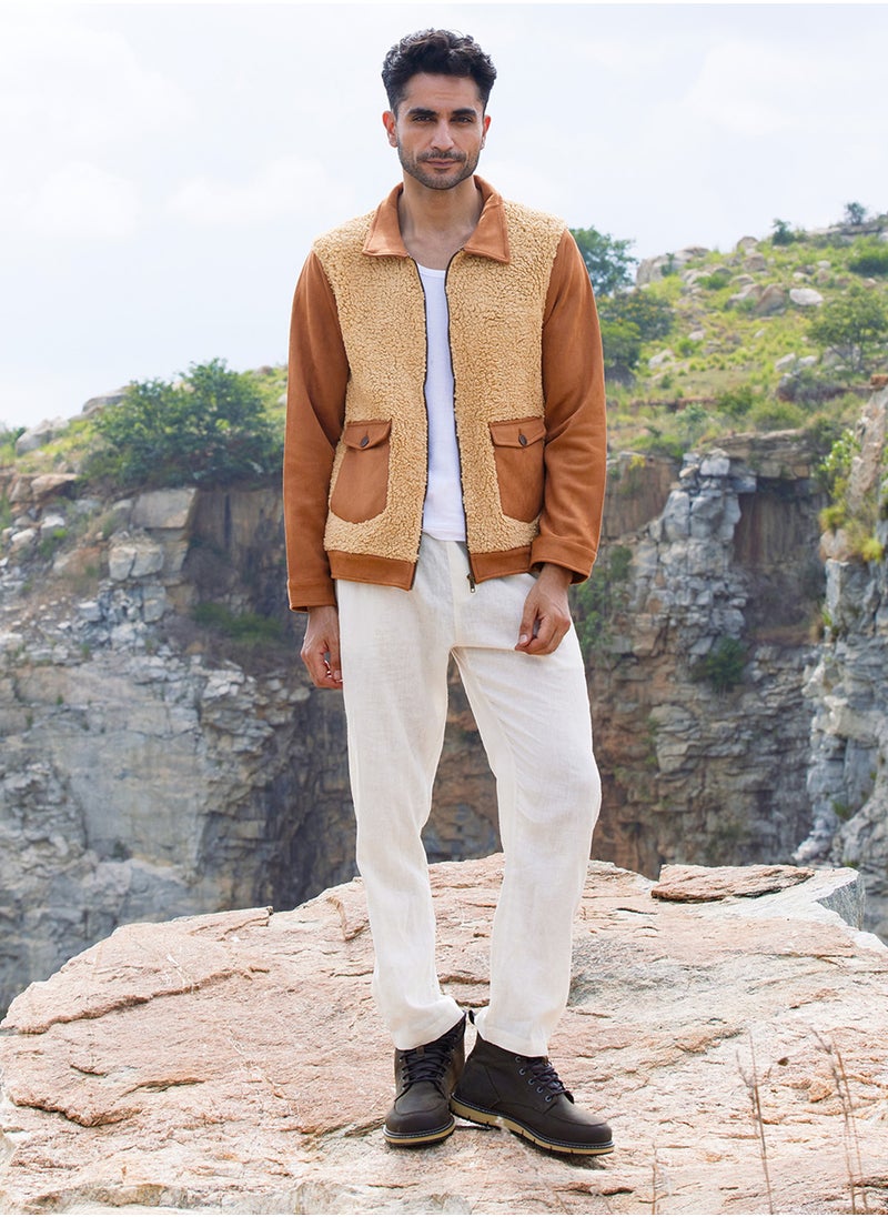 Men's Tan Brown Contrast Sherpa Jacket