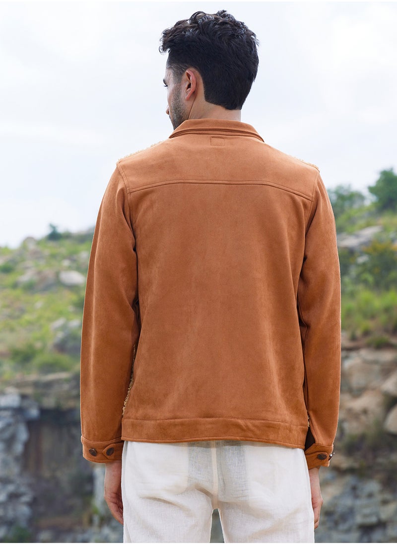 Men's Tan Brown Contrast Sherpa Jacket