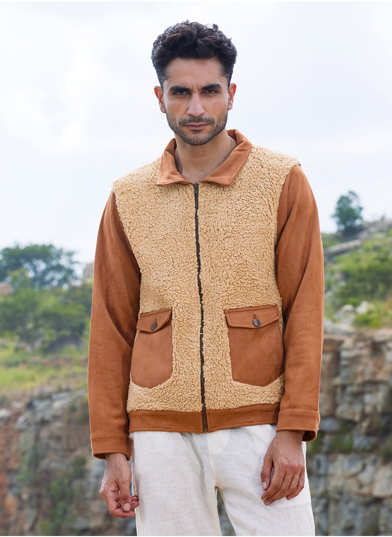 Men's Tan Brown Contrast Sherpa Jacket