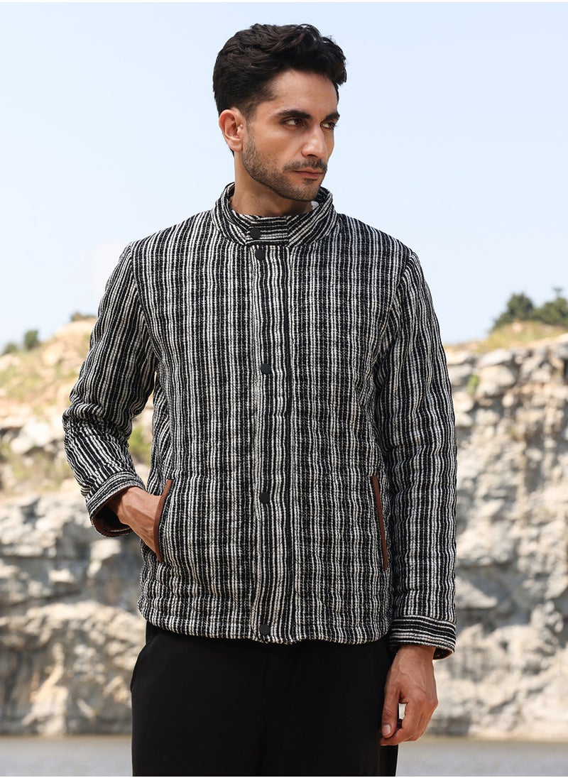 Men's Carbon Black & Chalk White Multitrack Striped Quilted Jacket