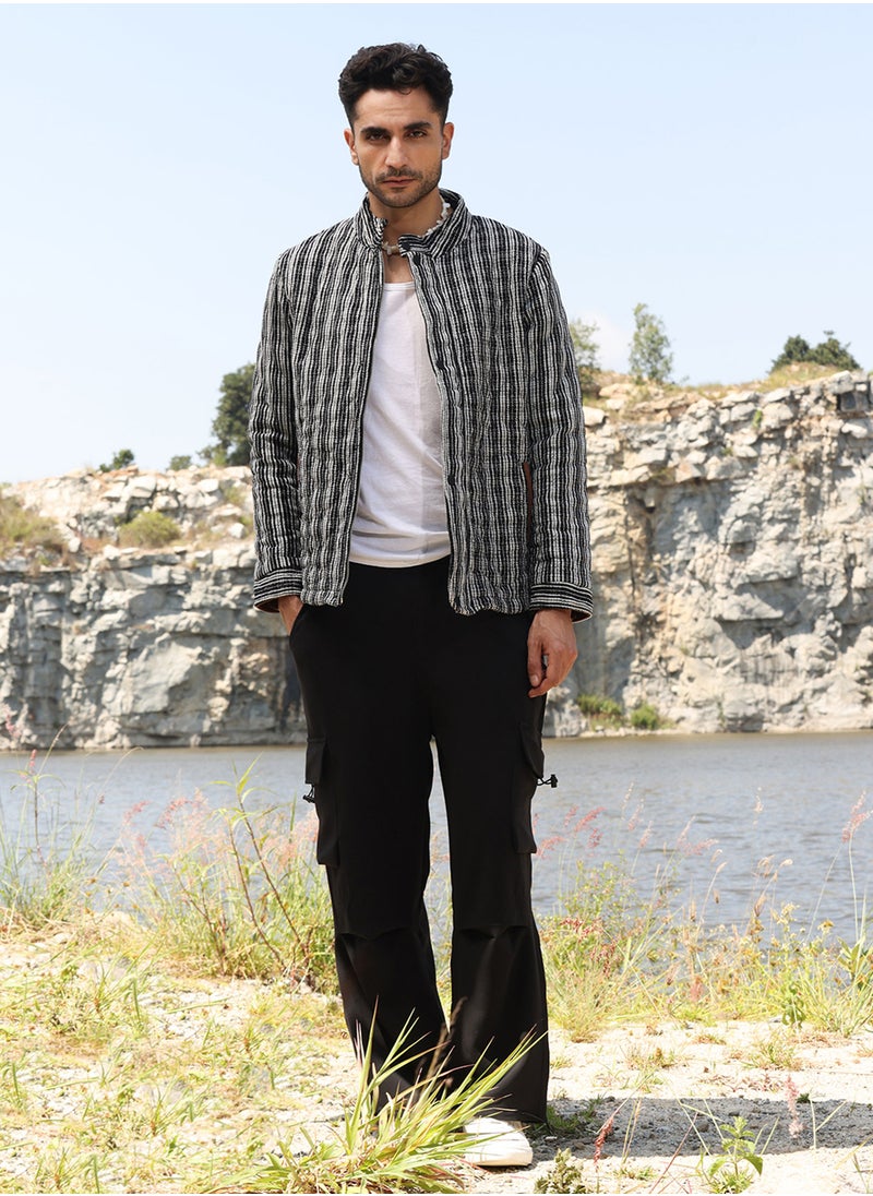 Men's Carbon Black & Chalk White Multitrack Striped Quilted Jacket