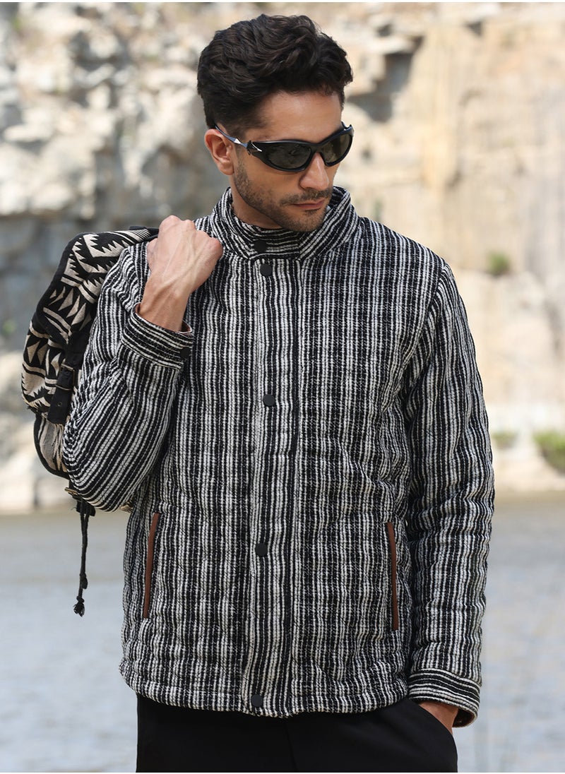 Men's Carbon Black & Chalk White Multitrack Striped Quilted Jacket
