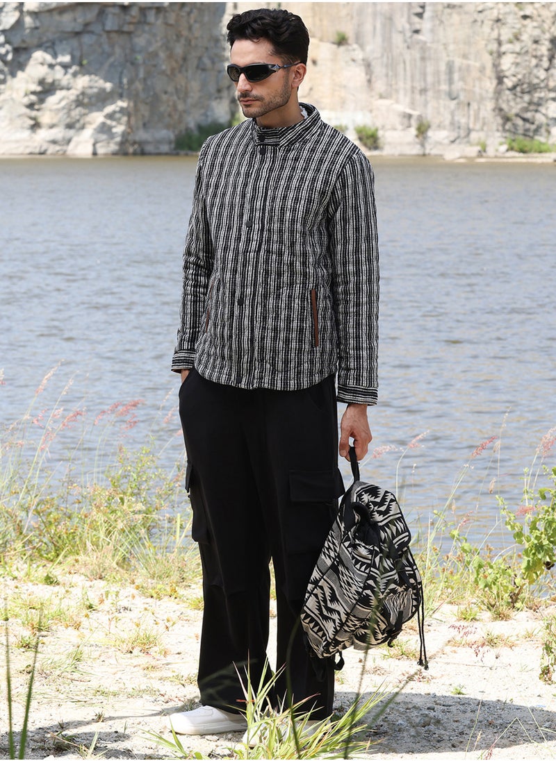 Men's Carbon Black & Chalk White Multitrack Striped Quilted Jacket