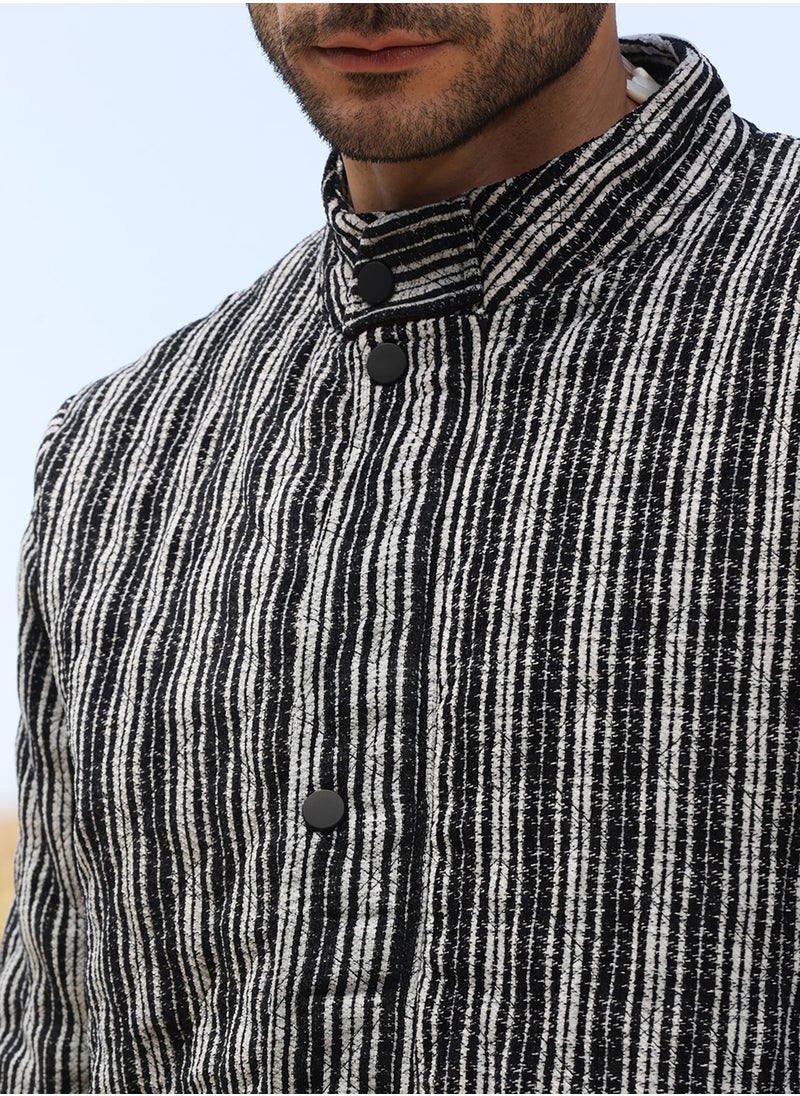 Men's Carbon Black & Chalk White Multitrack Striped Quilted Jacket