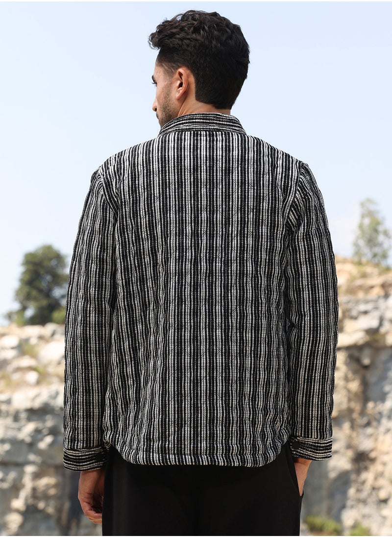 Men's Carbon Black & Chalk White Multitrack Striped Quilted Jacket