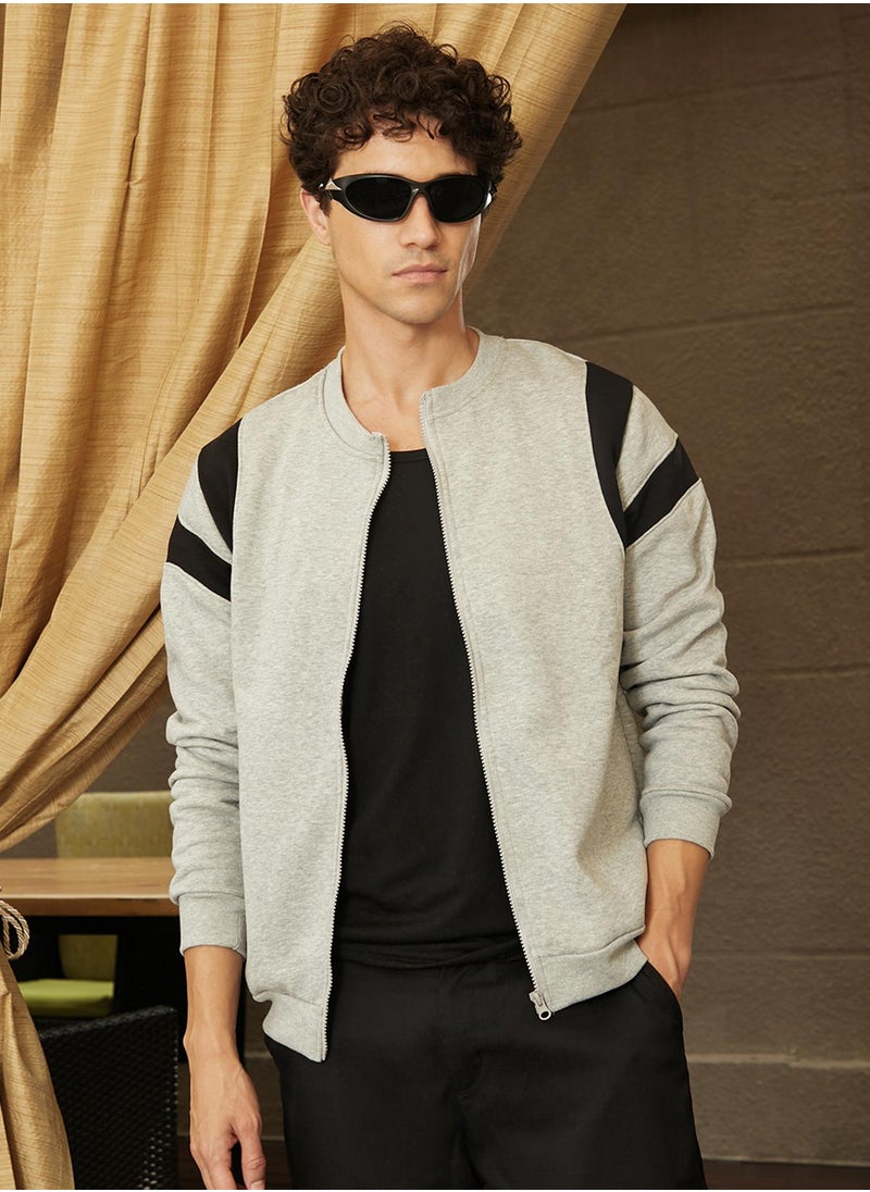 Men's Light Grey Zip-Front Jacket With Contrast Detail