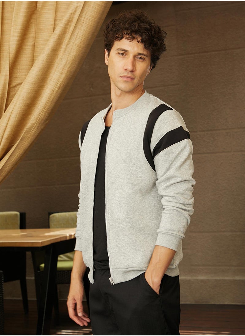 Men's Light Grey Zip-Front Jacket With Contrast Detail
