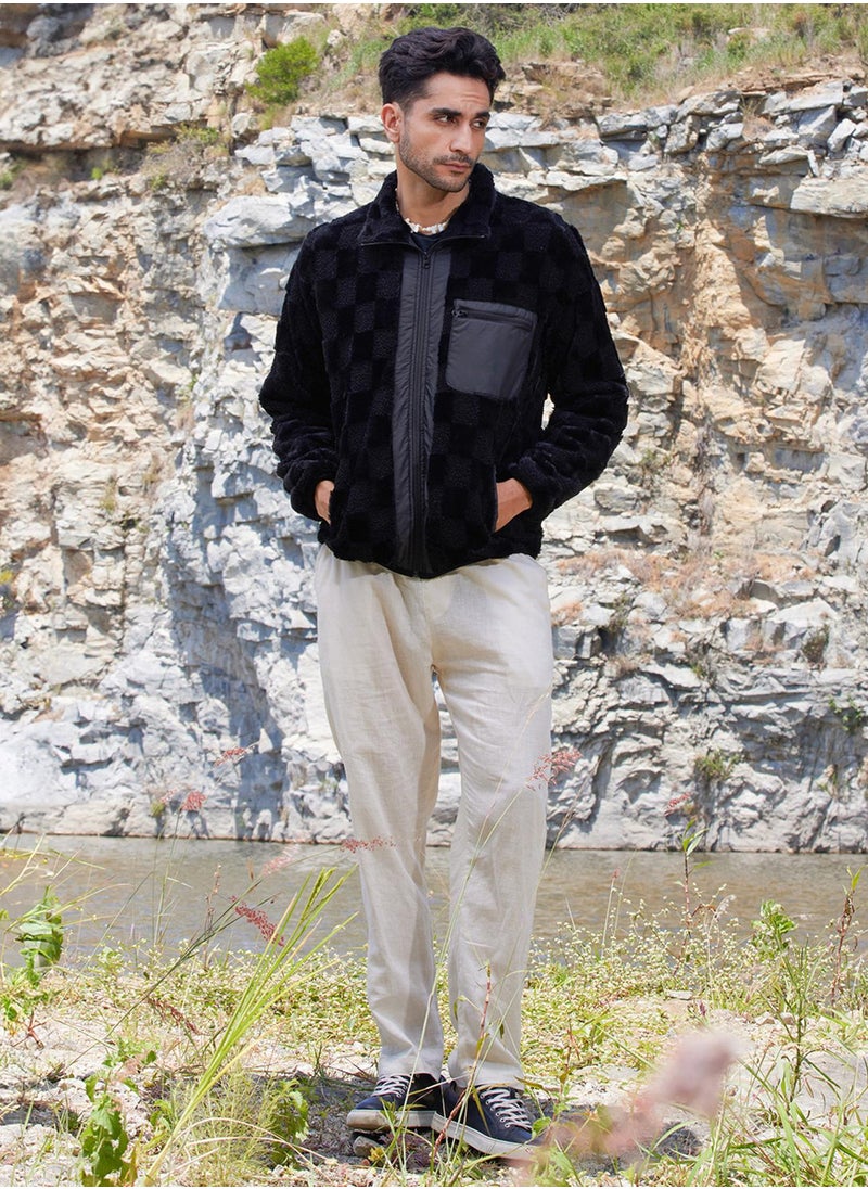 Men's Carbon Black Fleece Buffalo Check Puffer Jacket