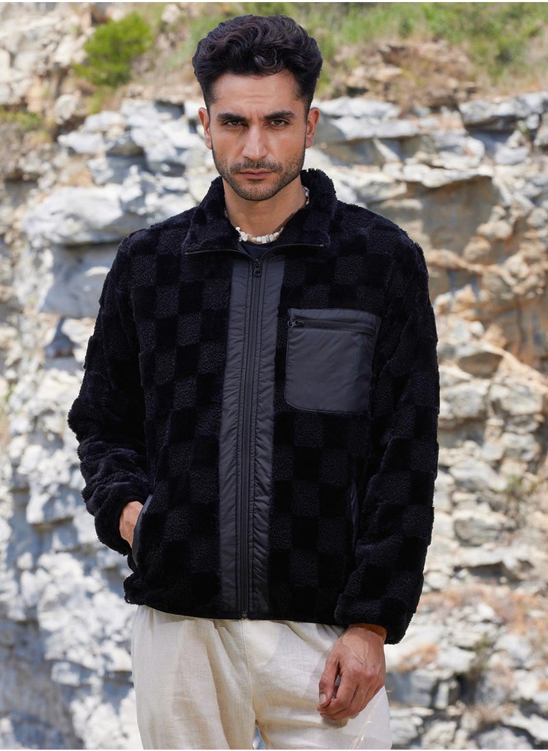 Men's Carbon Black Fleece Buffalo Check Puffer Jacket