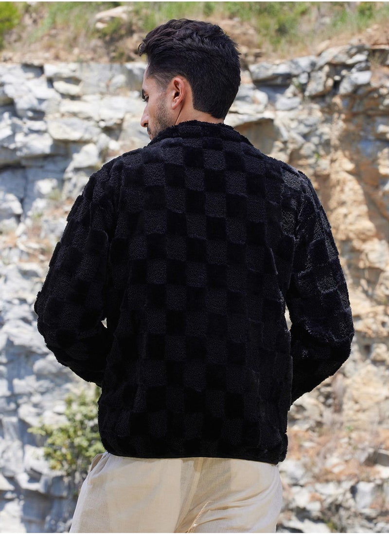 Men's Carbon Black Fleece Buffalo Check Puffer Jacket