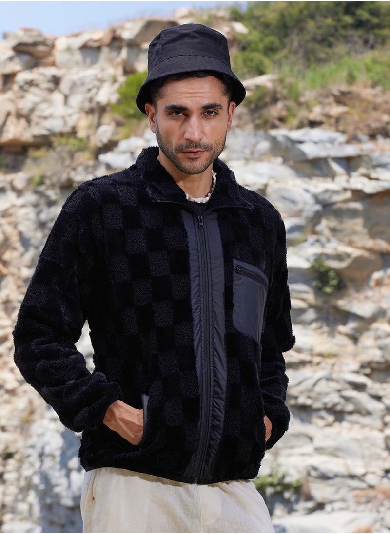Men's Carbon Black Fleece Buffalo Check Puffer Jacket