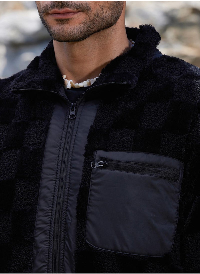 Men's Carbon Black Fleece Buffalo Check Puffer Jacket