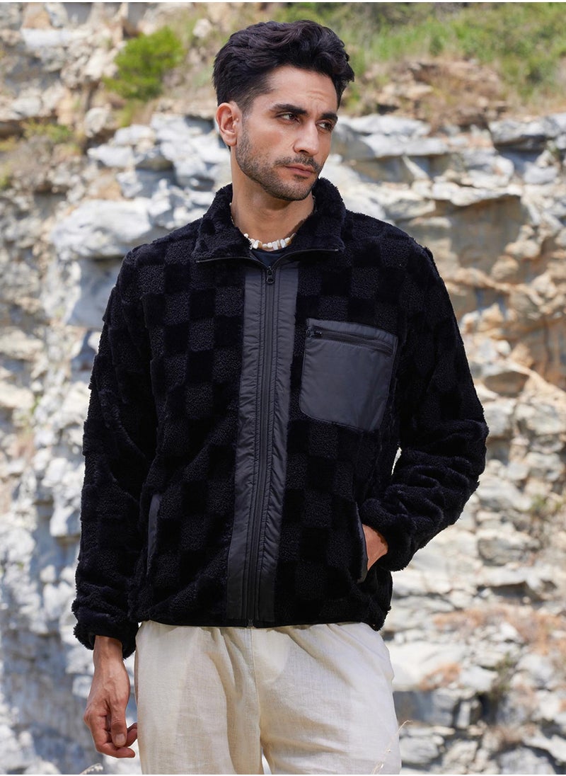 Men's Carbon Black Fleece Buffalo Check Puffer Jacket