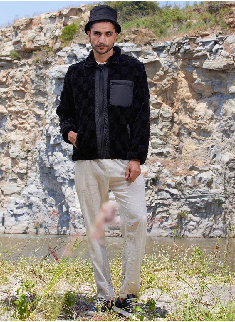 Men's Carbon Black Fleece Buffalo Check Puffer Jacket