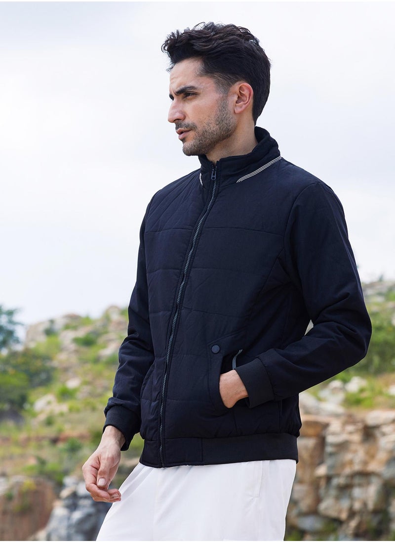 Men's Onyx Black Quited Bomber Jacket With Ribbed Hem