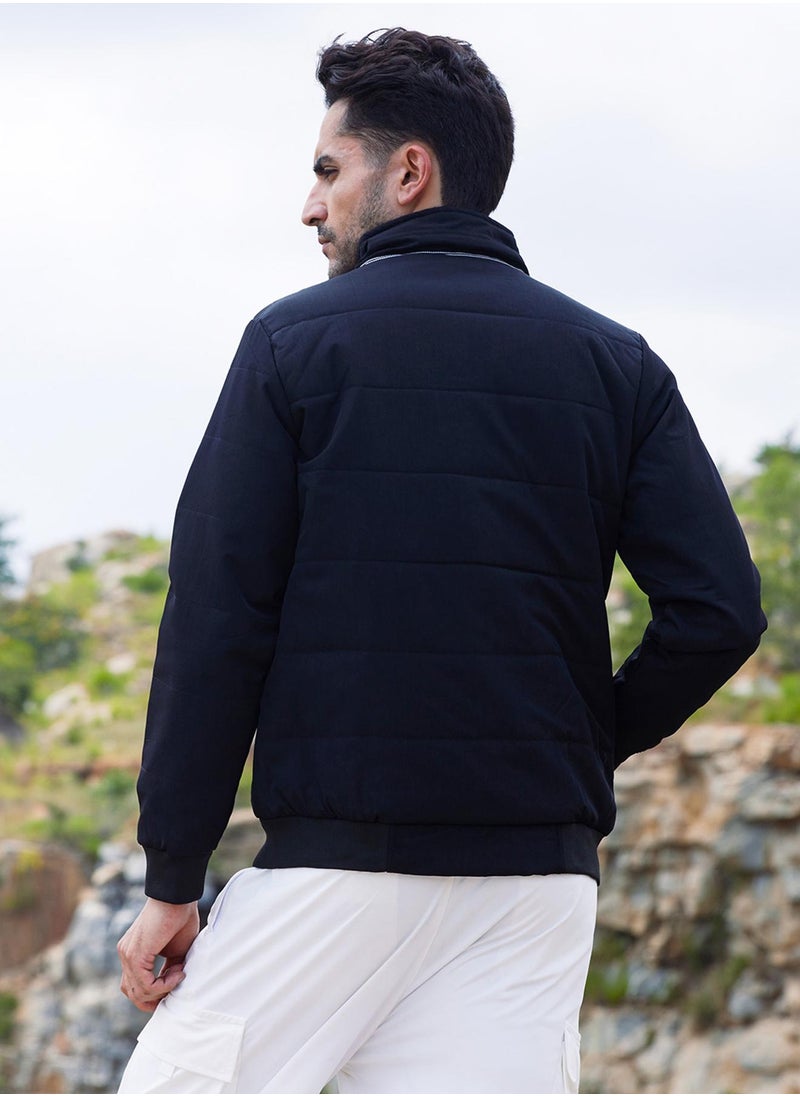 Men's Onyx Black Quited Bomber Jacket With Ribbed Hem