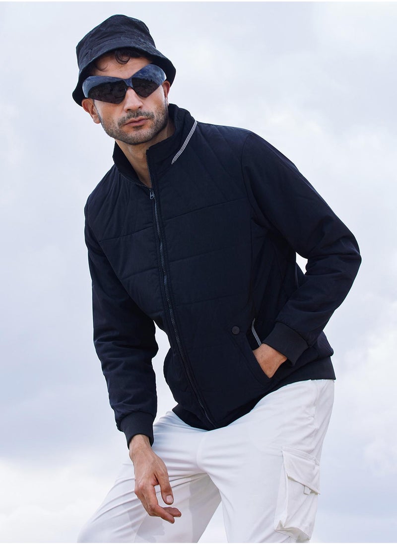 Men's Onyx Black Quited Bomber Jacket With Ribbed Hem