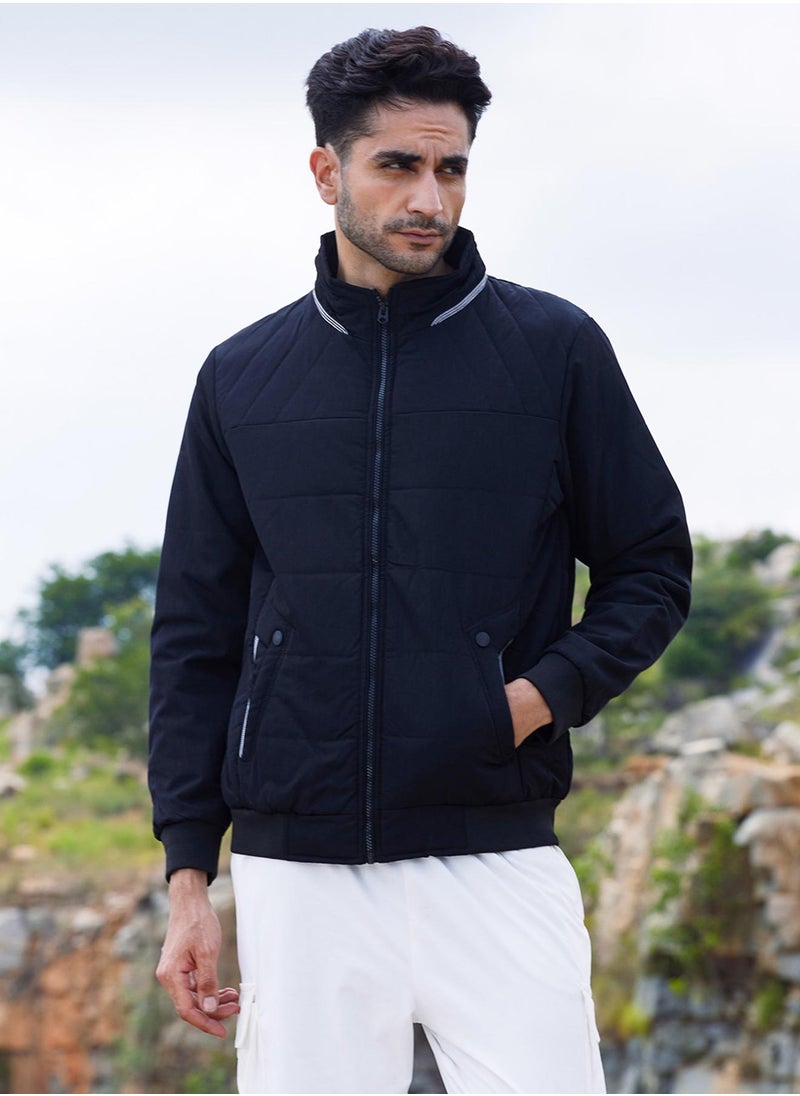 Men's Onyx Black Quited Bomber Jacket With Ribbed Hem