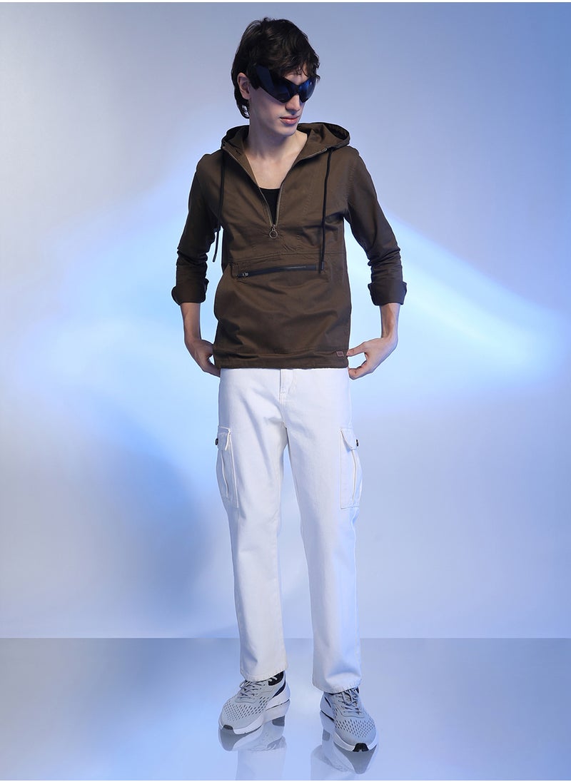 Men's Brown Half-Zip Utility Jacket With Contrast Drawstring