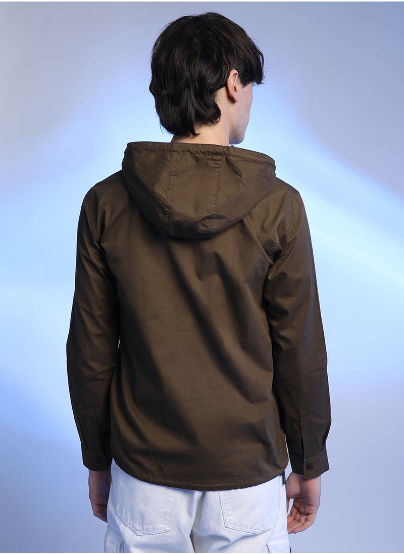 Men's Brown Half-Zip Utility Jacket With Contrast Drawstring