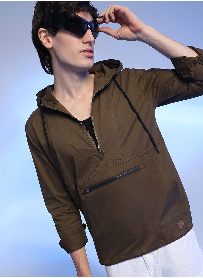 Men's Brown Half-Zip Utility Jacket With Contrast Drawstring