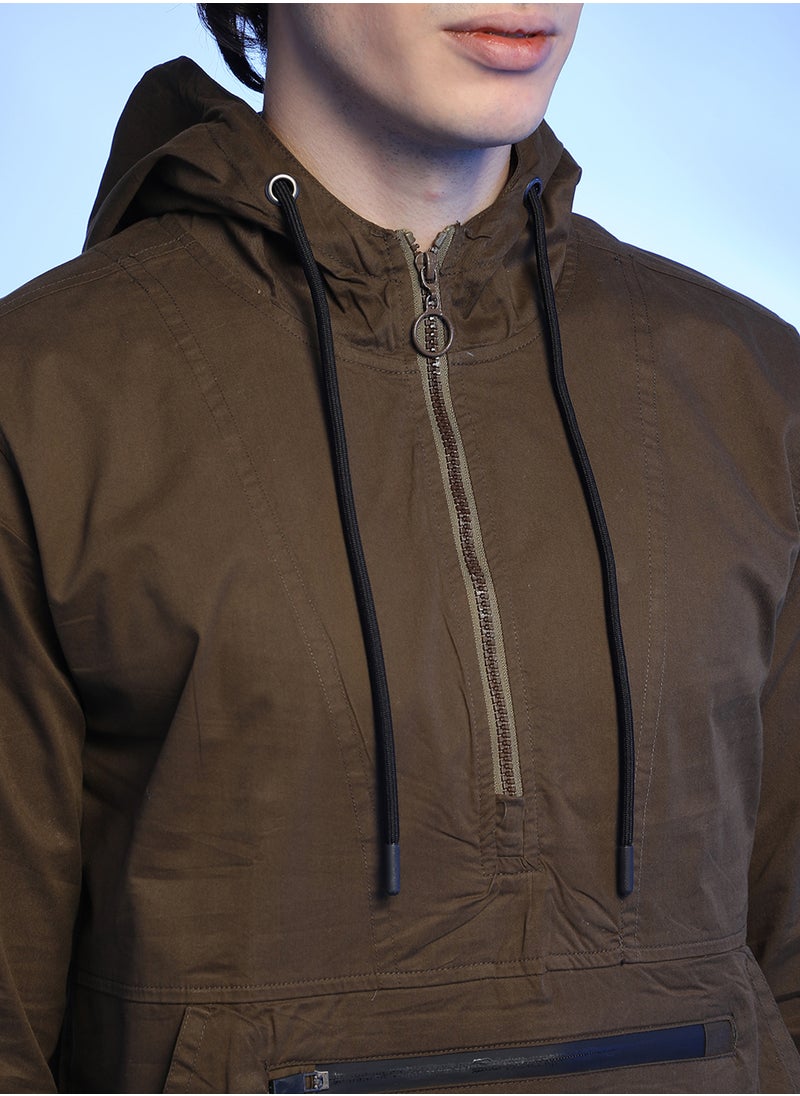Men's Brown Half-Zip Utility Jacket With Contrast Drawstring