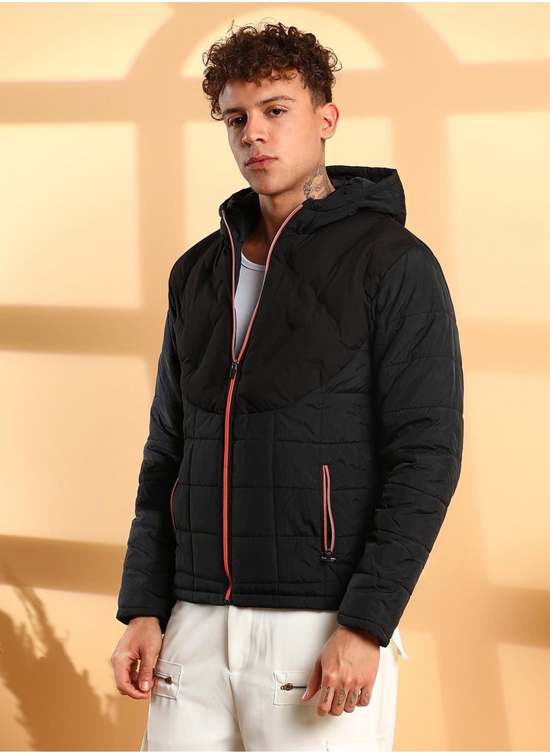 Men's Black Puffer Jacket With Contrast Zipper