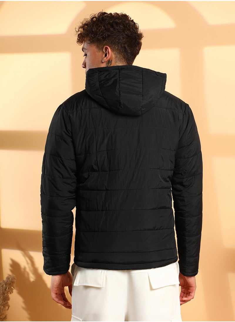 Men's Black Puffer Jacket With Contrast Zipper