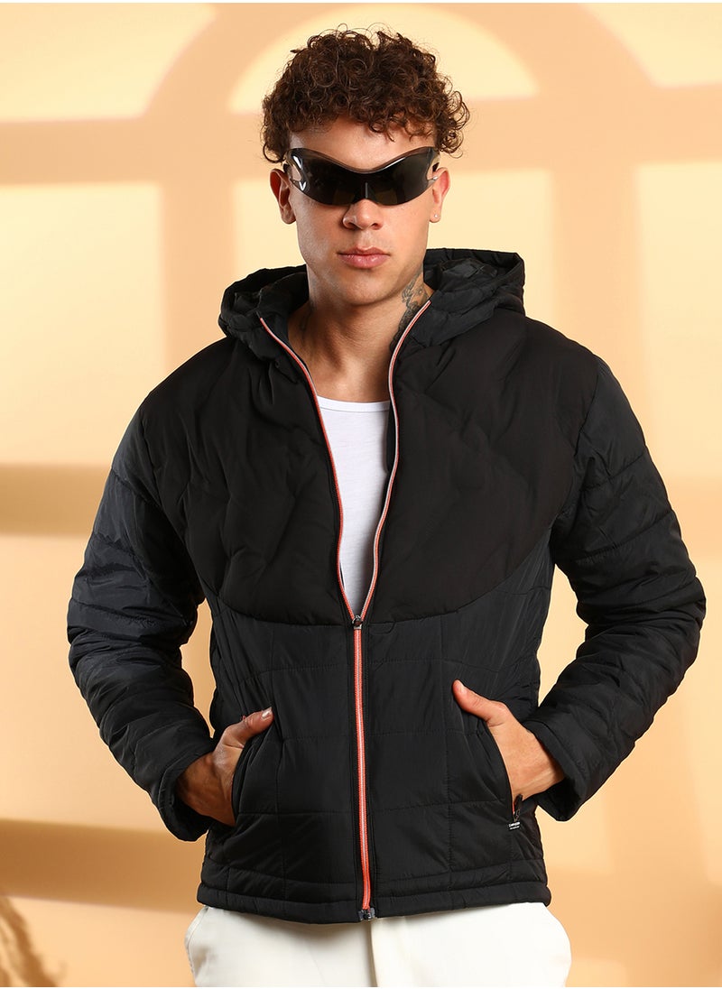 Men's Black Puffer Jacket With Contrast Zipper