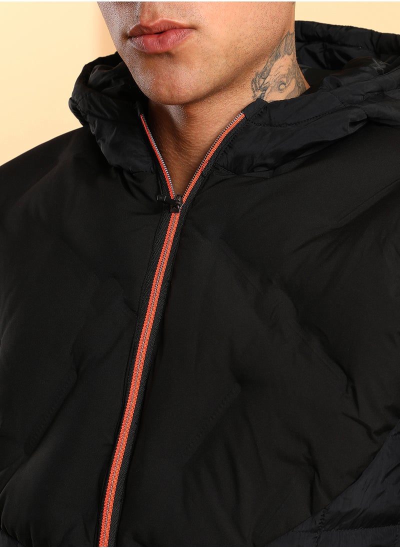 Men's Black Puffer Jacket With Contrast Zipper