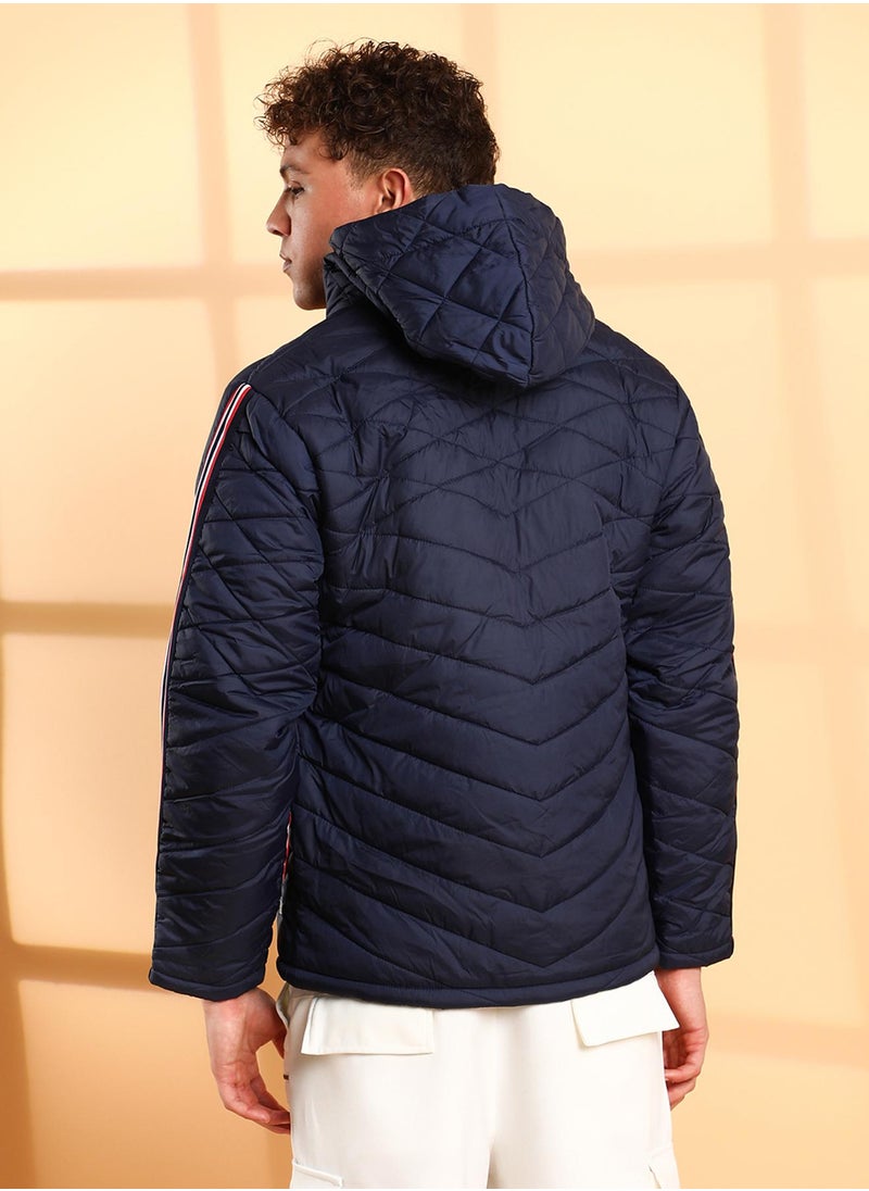 Men's Dark Blue Quilted Puffer Jacket With Contrast Striped Sleeve