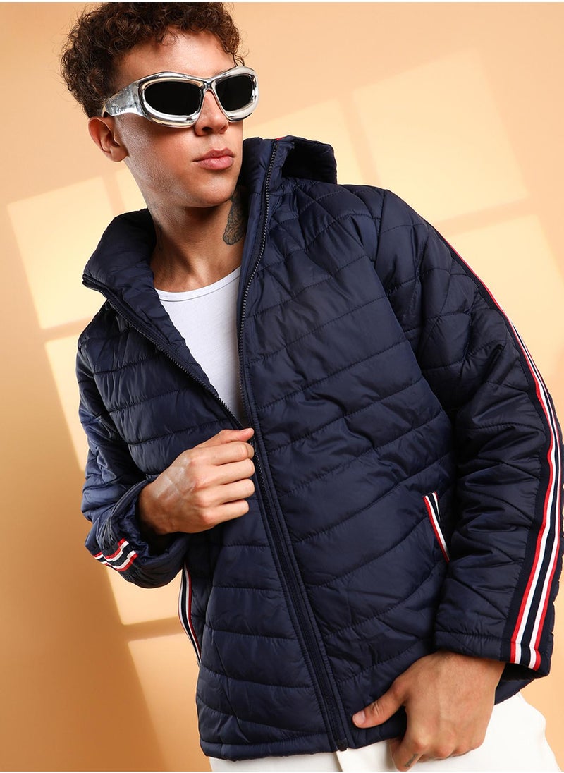Men's Dark Blue Quilted Puffer Jacket With Contrast Striped Sleeve