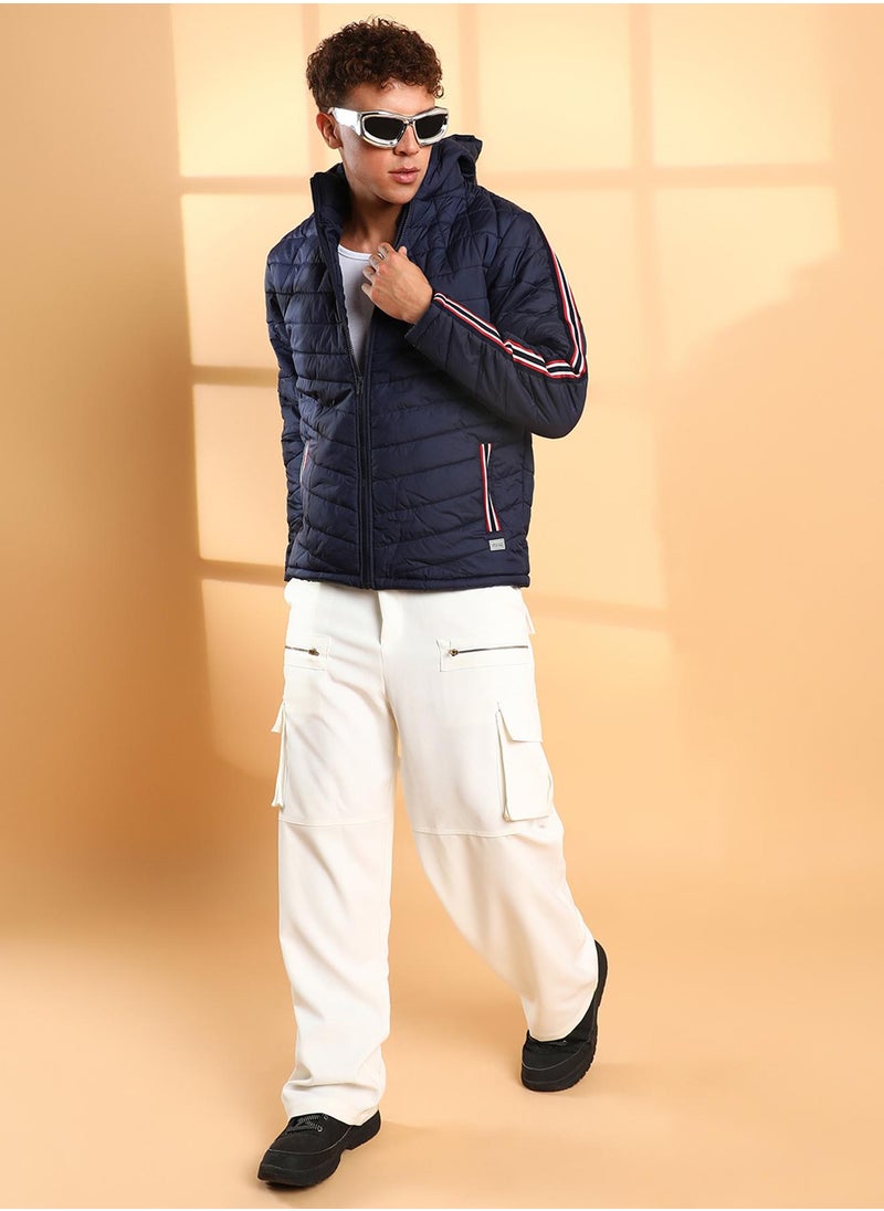 Men's Dark Blue Quilted Puffer Jacket With Contrast Striped Sleeve