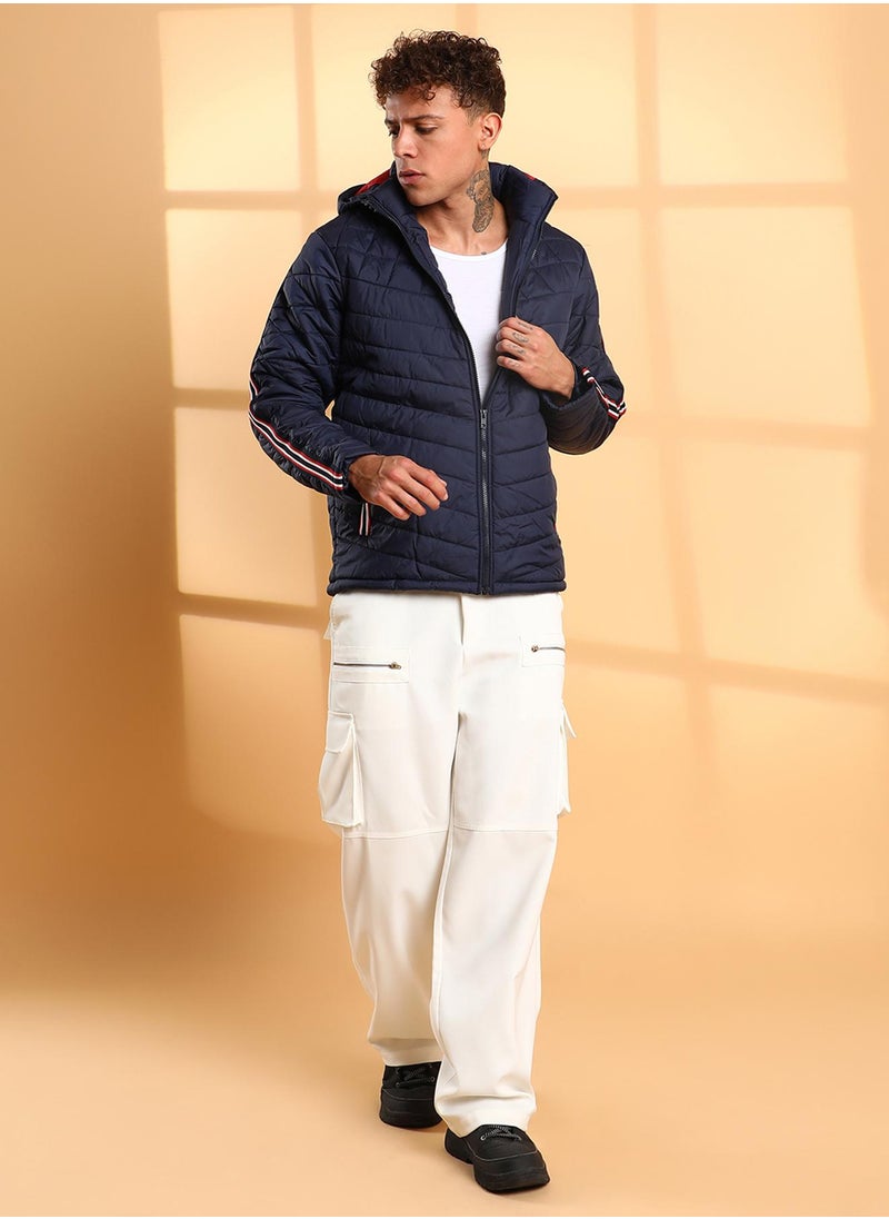Men's Dark Blue Quilted Puffer Jacket With Contrast Striped Sleeve