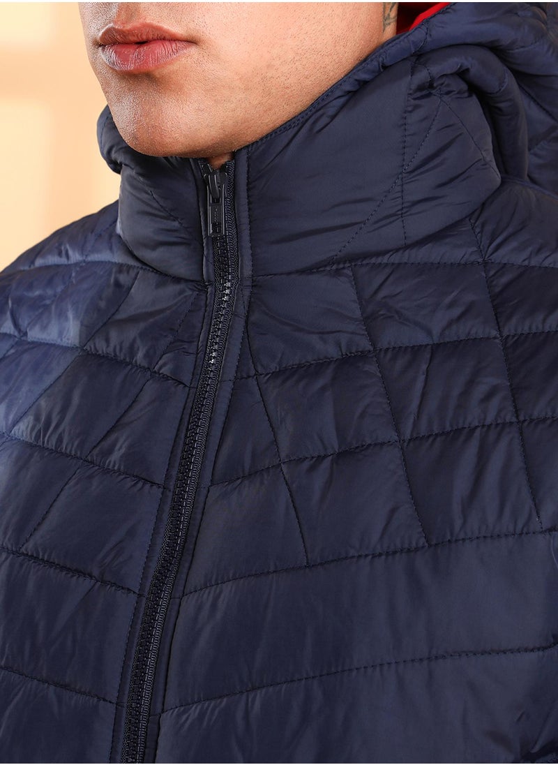 Men's Dark Blue Quilted Puffer Jacket With Contrast Striped Sleeve