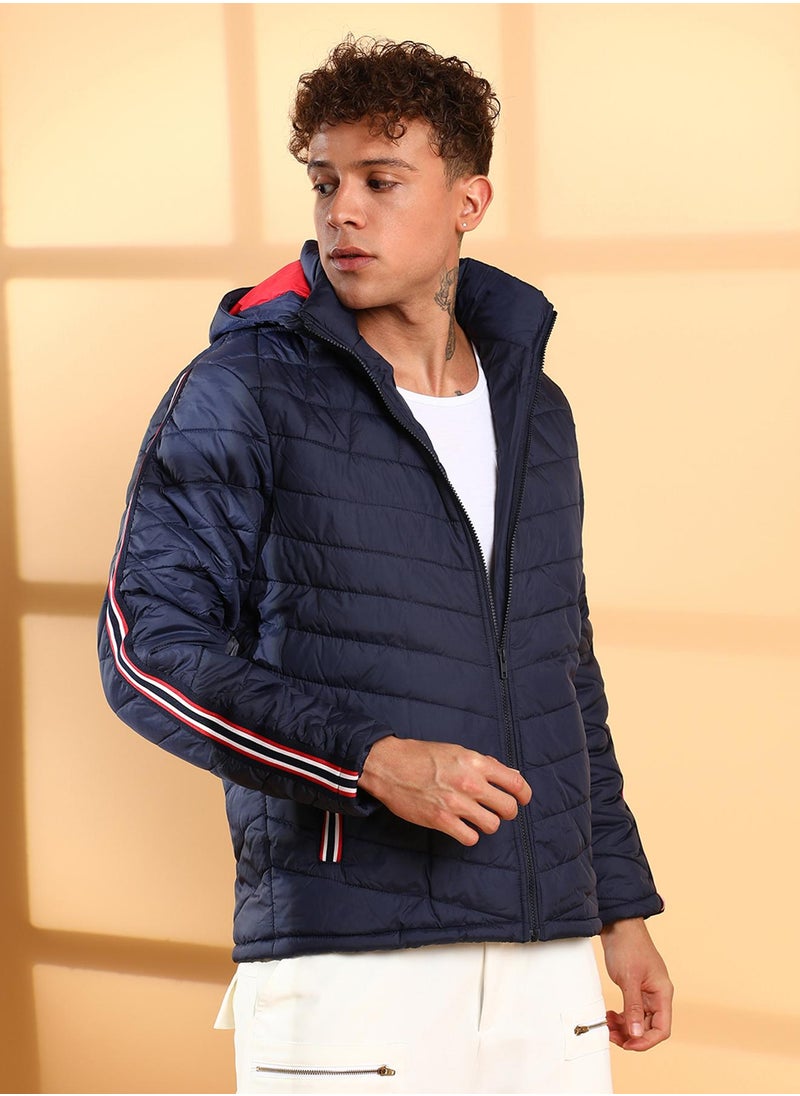 Men's Dark Blue Quilted Puffer Jacket With Contrast Striped Sleeve