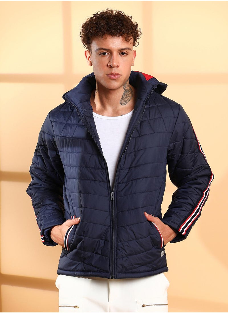 Men's Dark Blue Quilted Puffer Jacket With Contrast Striped Sleeve