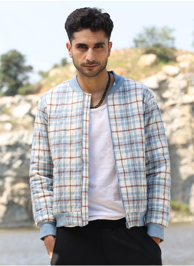 Men's Icy Blue & Brown Tartan Plaid Bomber Jacket