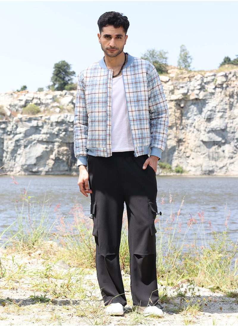 Men's Icy Blue & Brown Tartan Plaid Bomber Jacket