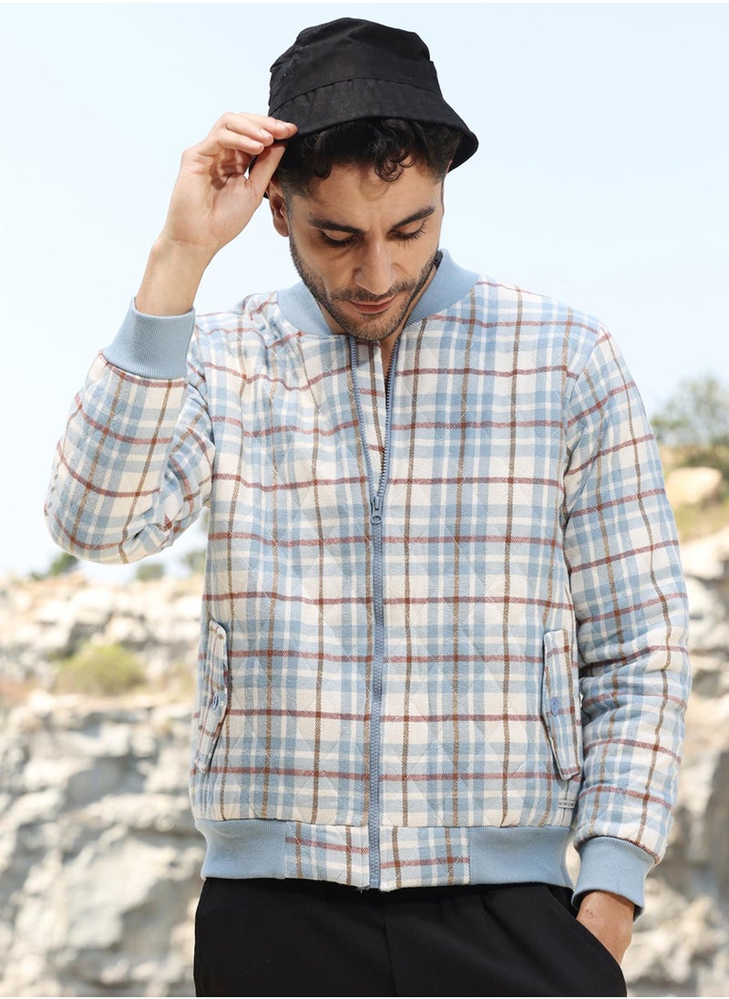 Men's Icy Blue & Brown Tartan Plaid Bomber Jacket