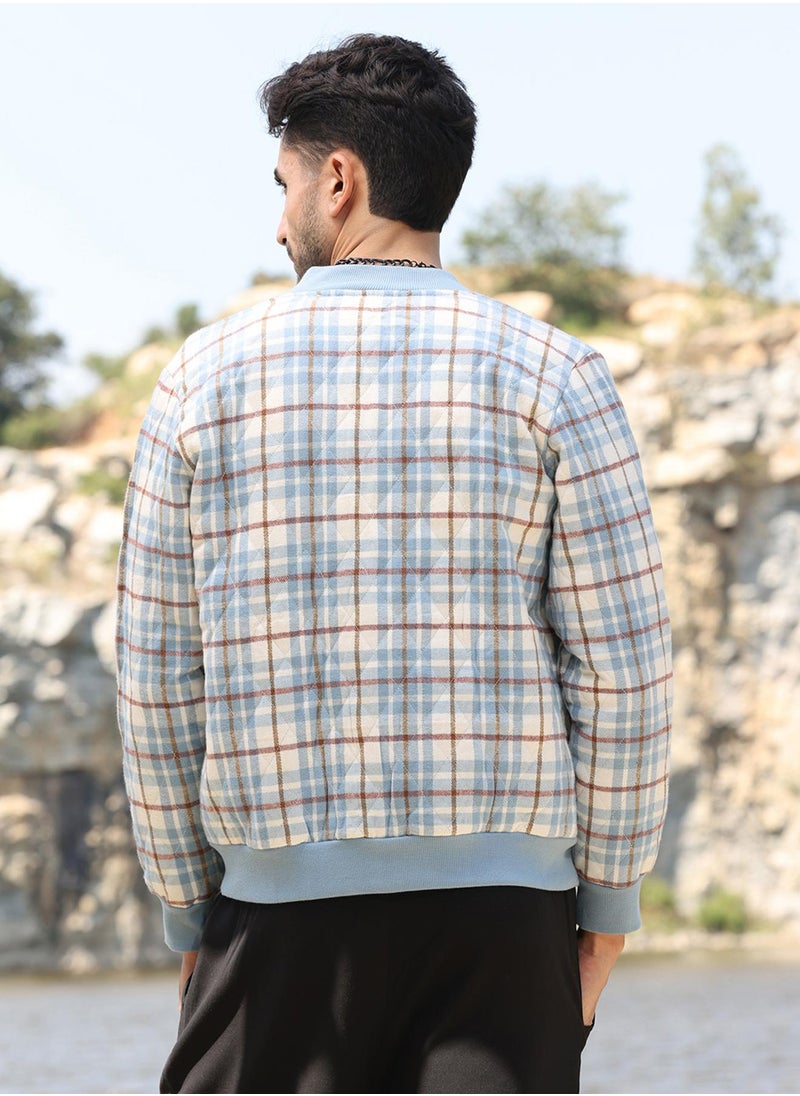 Men's Icy Blue & Brown Tartan Plaid Bomber Jacket