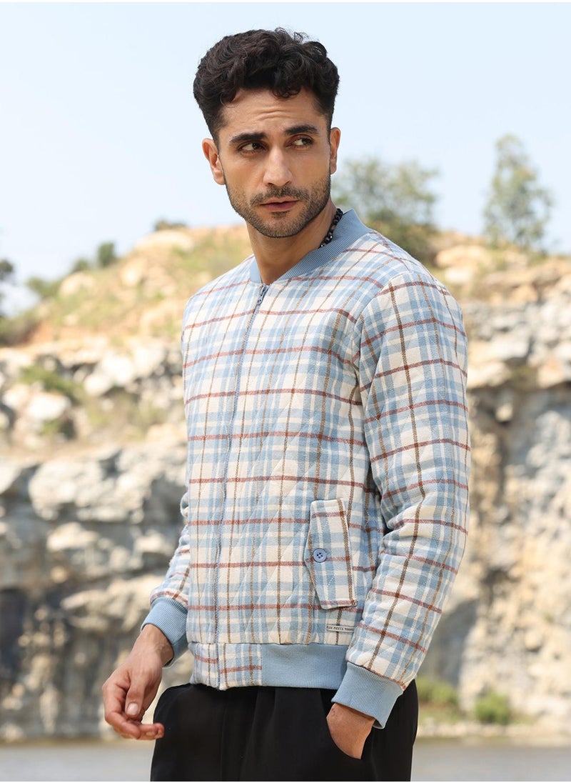 Men's Icy Blue & Brown Tartan Plaid Bomber Jacket