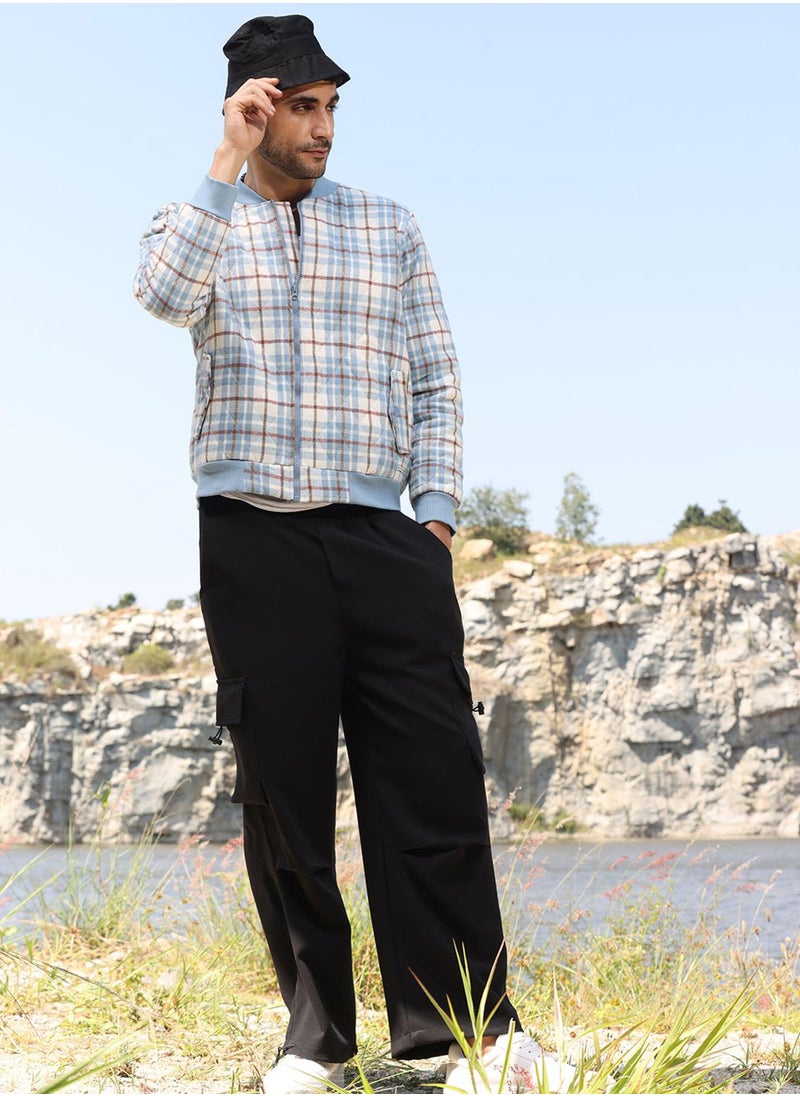 Men's Icy Blue & Brown Tartan Plaid Bomber Jacket