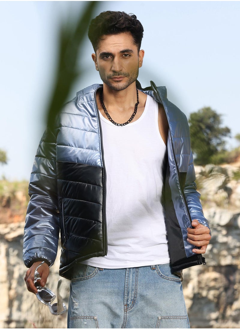 Men's Electric Blue & Carbon Black Metallic Quilted Puffer Jacket