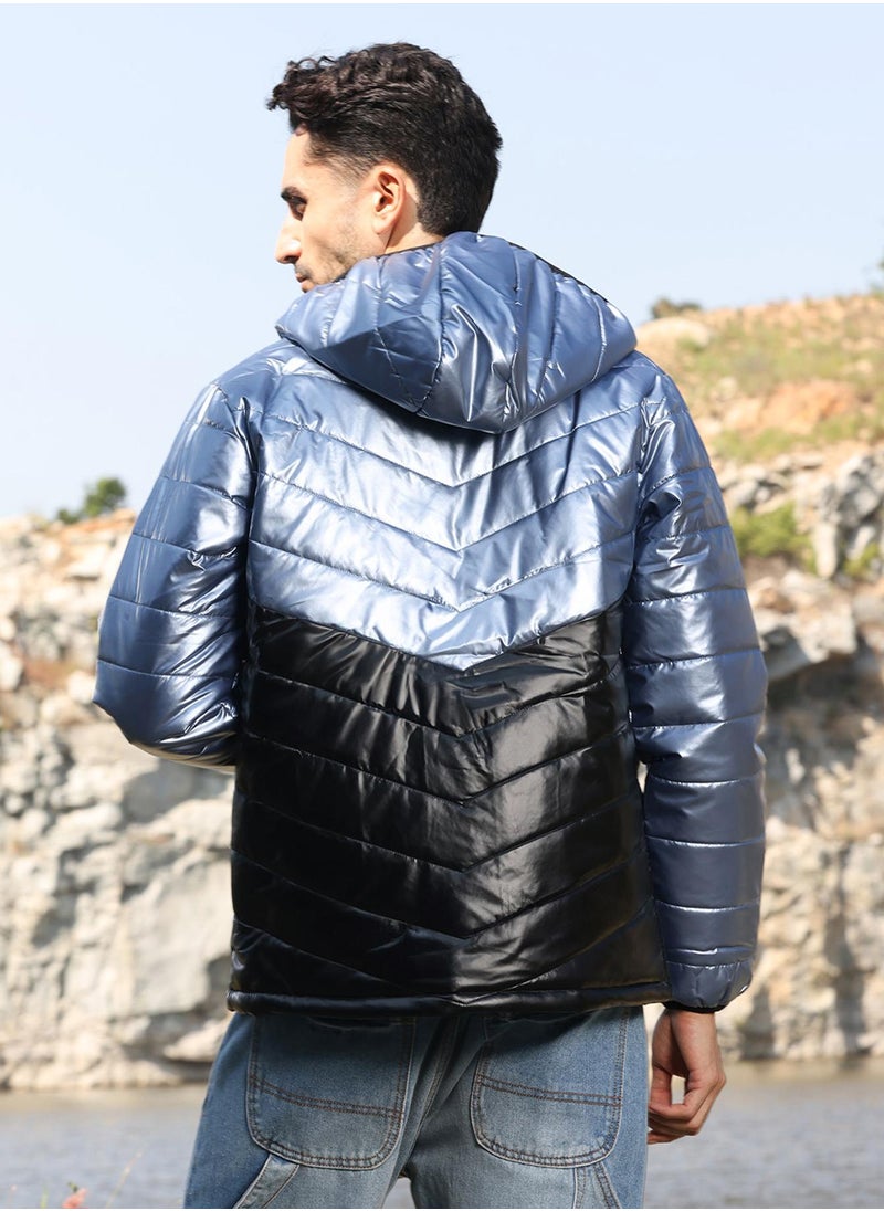 Men's Electric Blue & Carbon Black Metallic Quilted Puffer Jacket